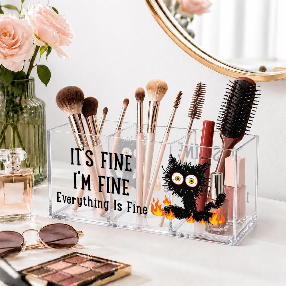 It's Fine 3 Compartment Acrylic Makeup Organizer & Pen Holder, Black Cat Cosmetic Storage Box for Lipstick Brushes Skincare, Desk Organizer for Office School Vanity, Office Gifts for Coworker