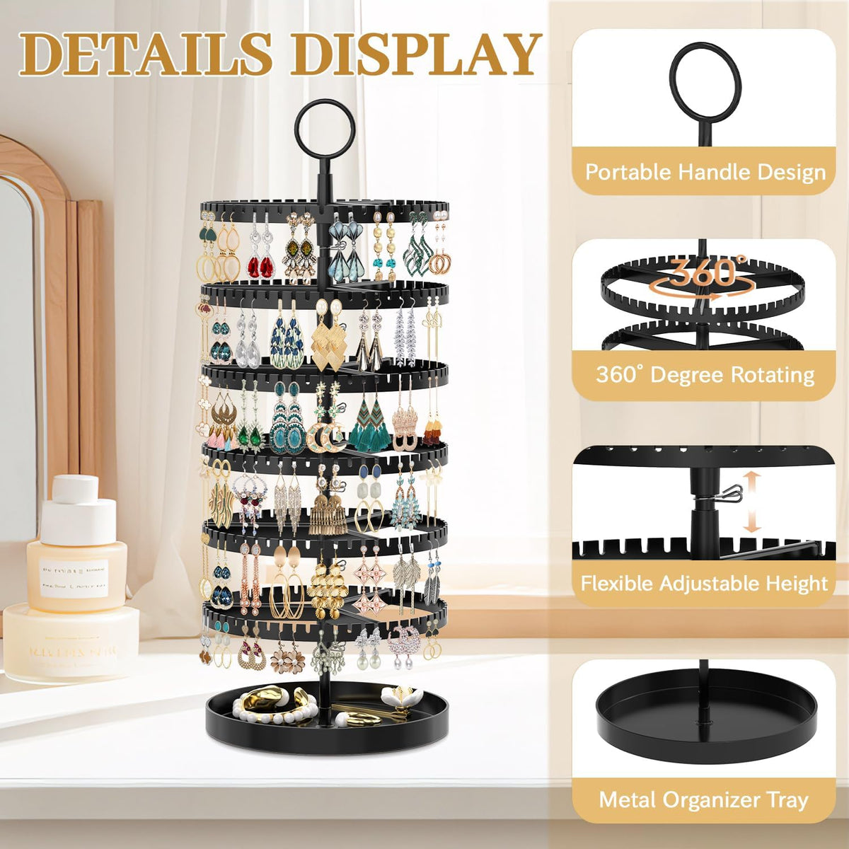 MODOWEY Rotating Earring Holder Organizer Tree Display Stand, 6 Tiers Black