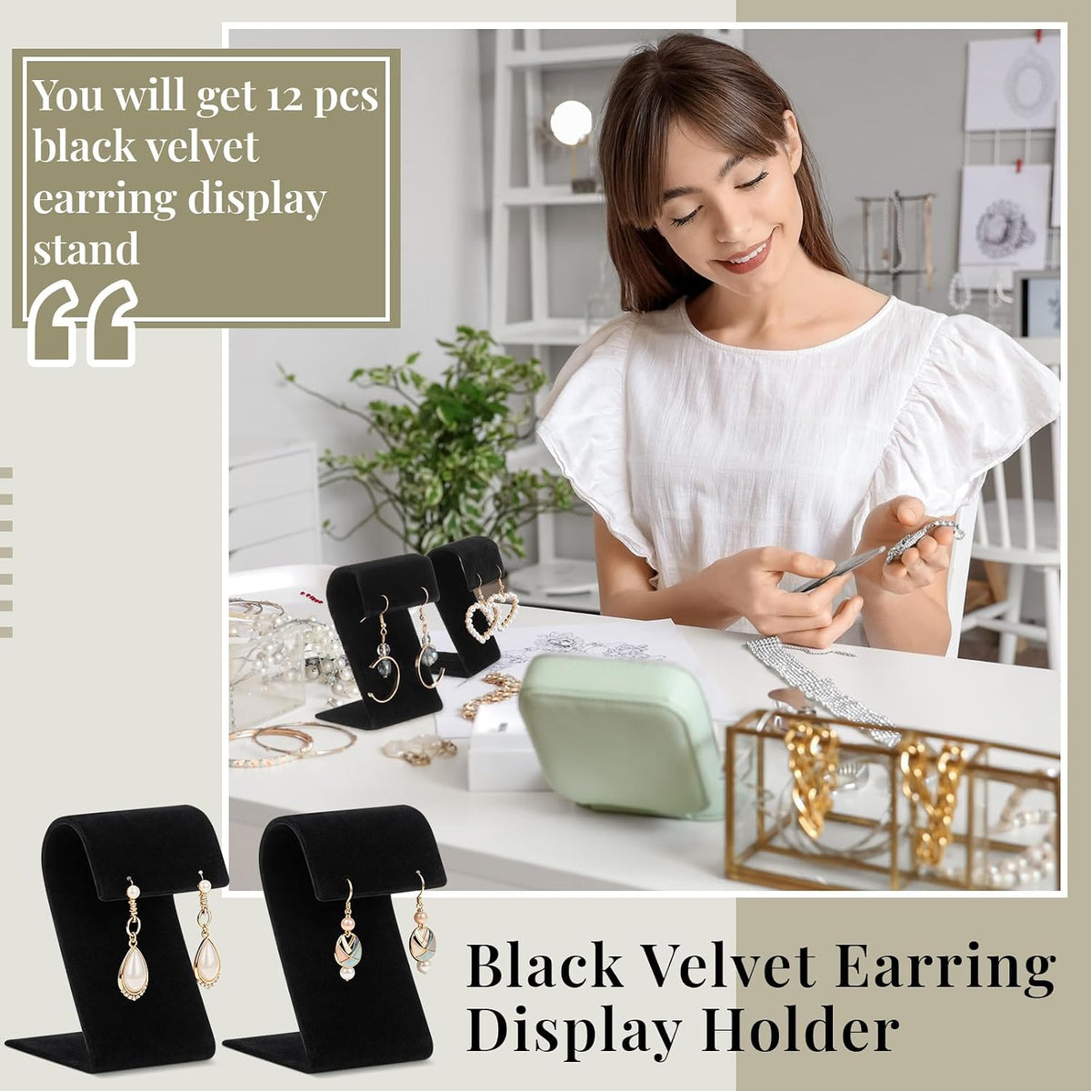 RattanView 12 Pieces Black Velvet Earring Display Stand Arc-shaped