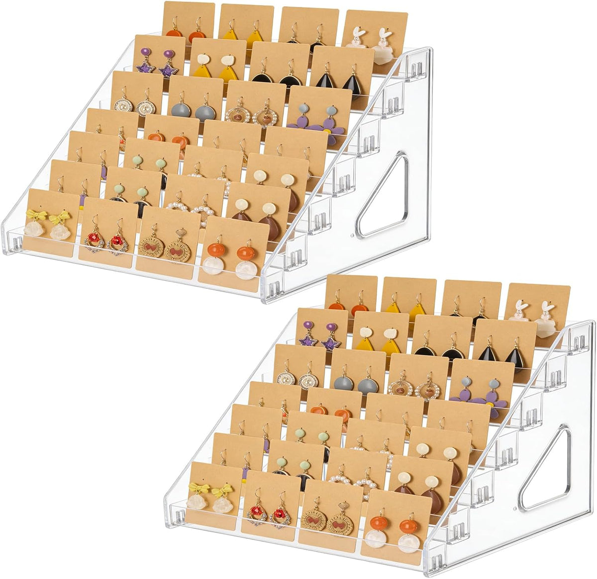 2 Pack 7 Tier Earring Display Stand Acrylic Earring Holder Organizer Holds 4 Pairs of Earrings in One Row Retail Detachable Jewelry Card Stand for Selling Vendors Jewelry Display Earring Rack