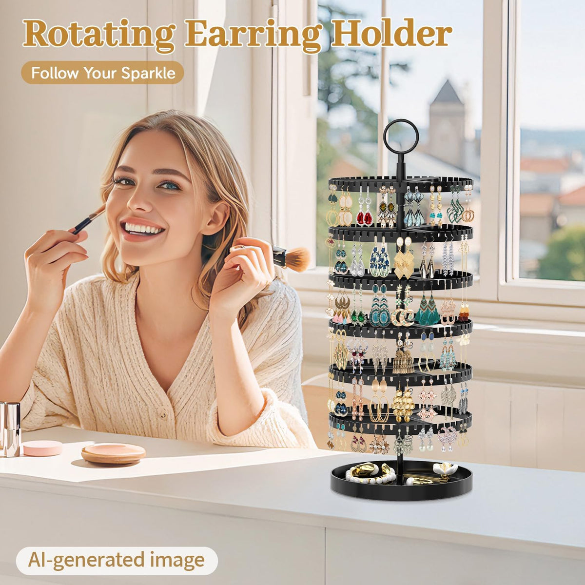 MODOWEY Rotating Earring Holder Organizer Tree Display Stand, 6 Tiers Black