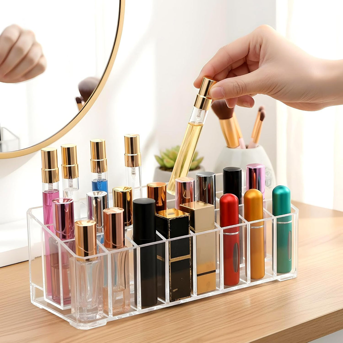 4 Pcs Perfume Organizer, 24 Slots Clear Acrylic Lipstick Organizer, Perfume Storage Holder for Vanity, Makeup Display Case for Lip Gloss Brushes Mascara