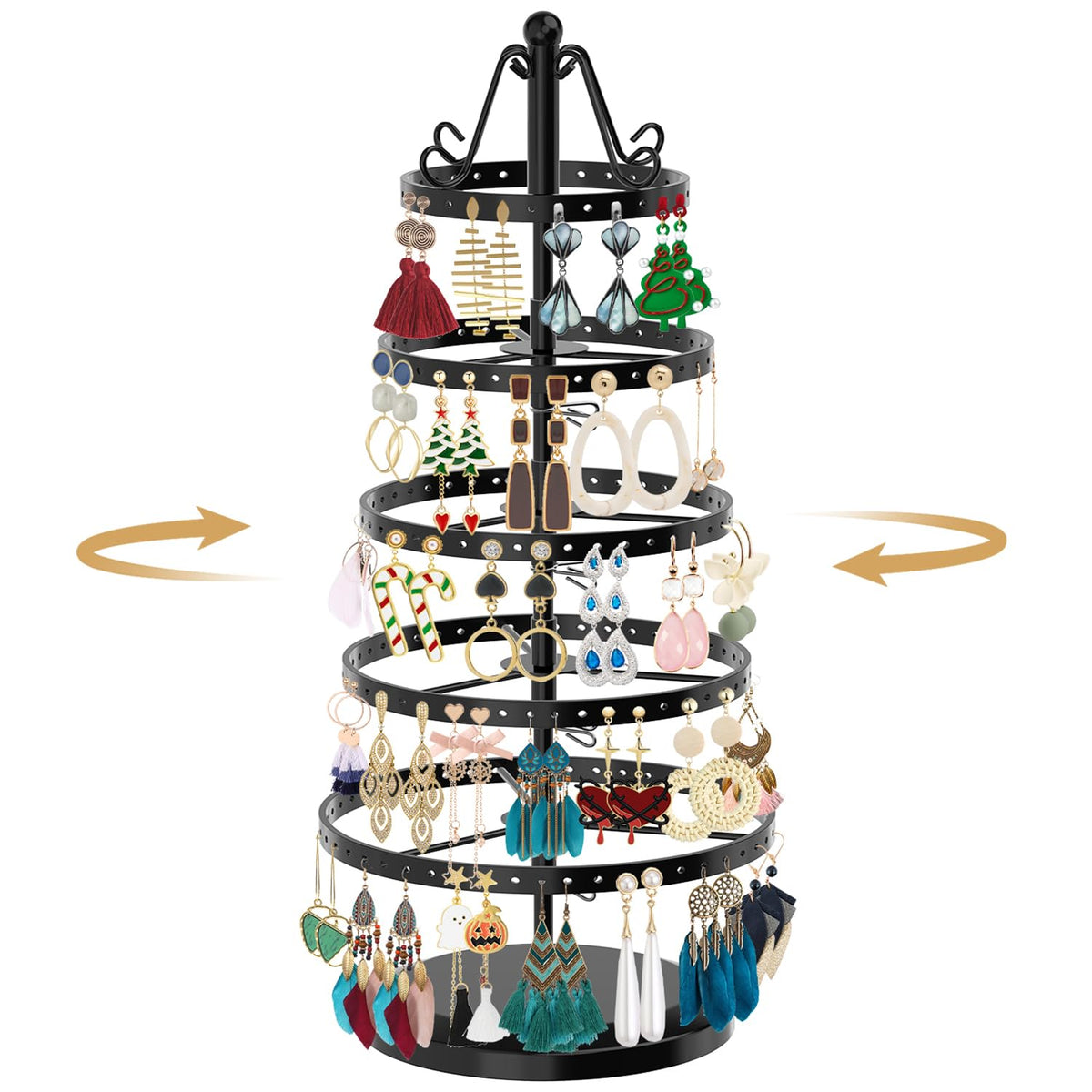 MODOWEY Rotating Earring Holder Organizer Display, 5 Tier Metal Tree, Black