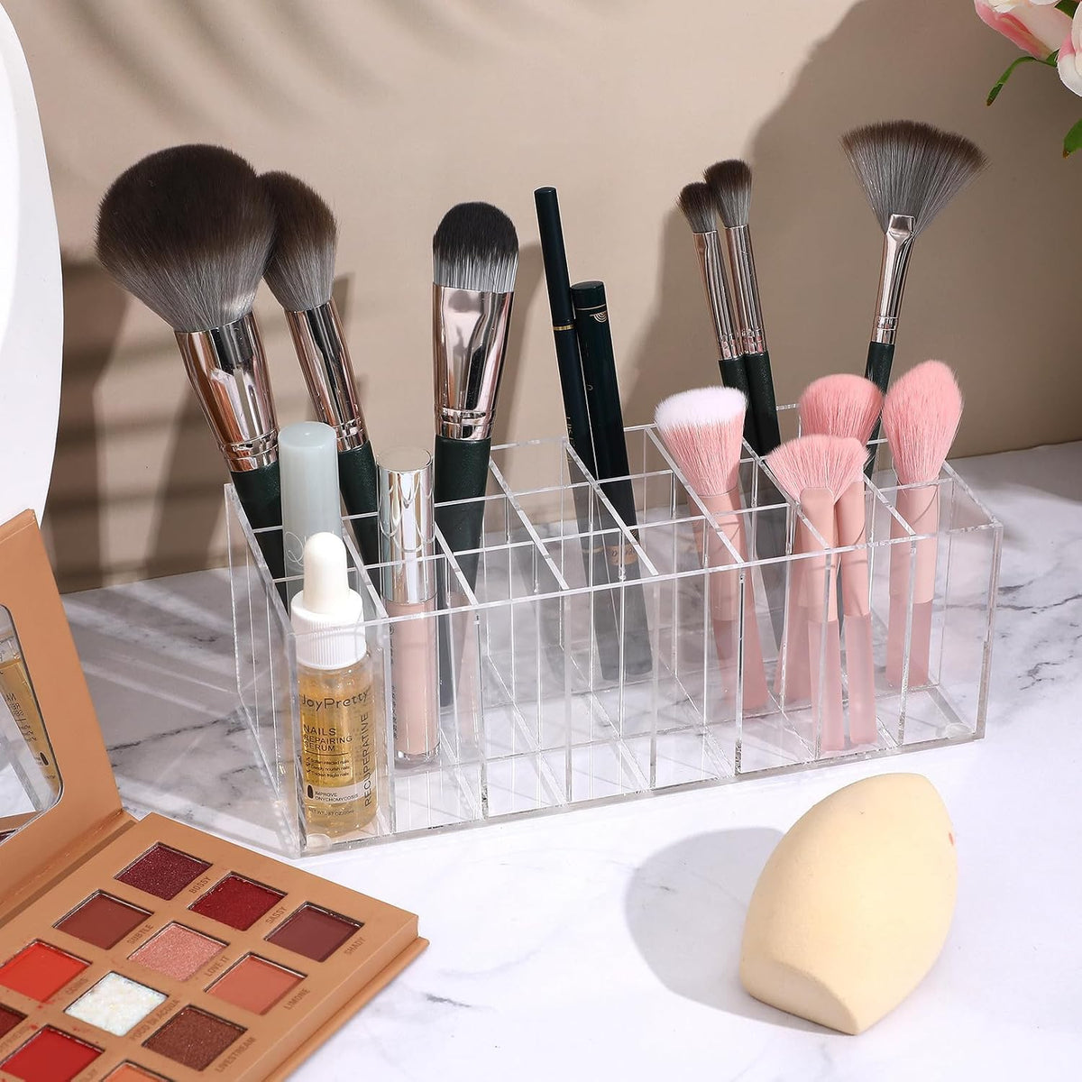 SEWACC Acrylic Lipstick Holder 24 Grids Clear Lipgloss Lipstick Organizer And Storage Display Case for Lip Gloss Tubes Eyebrow Pencil Perfume Sample Mascara