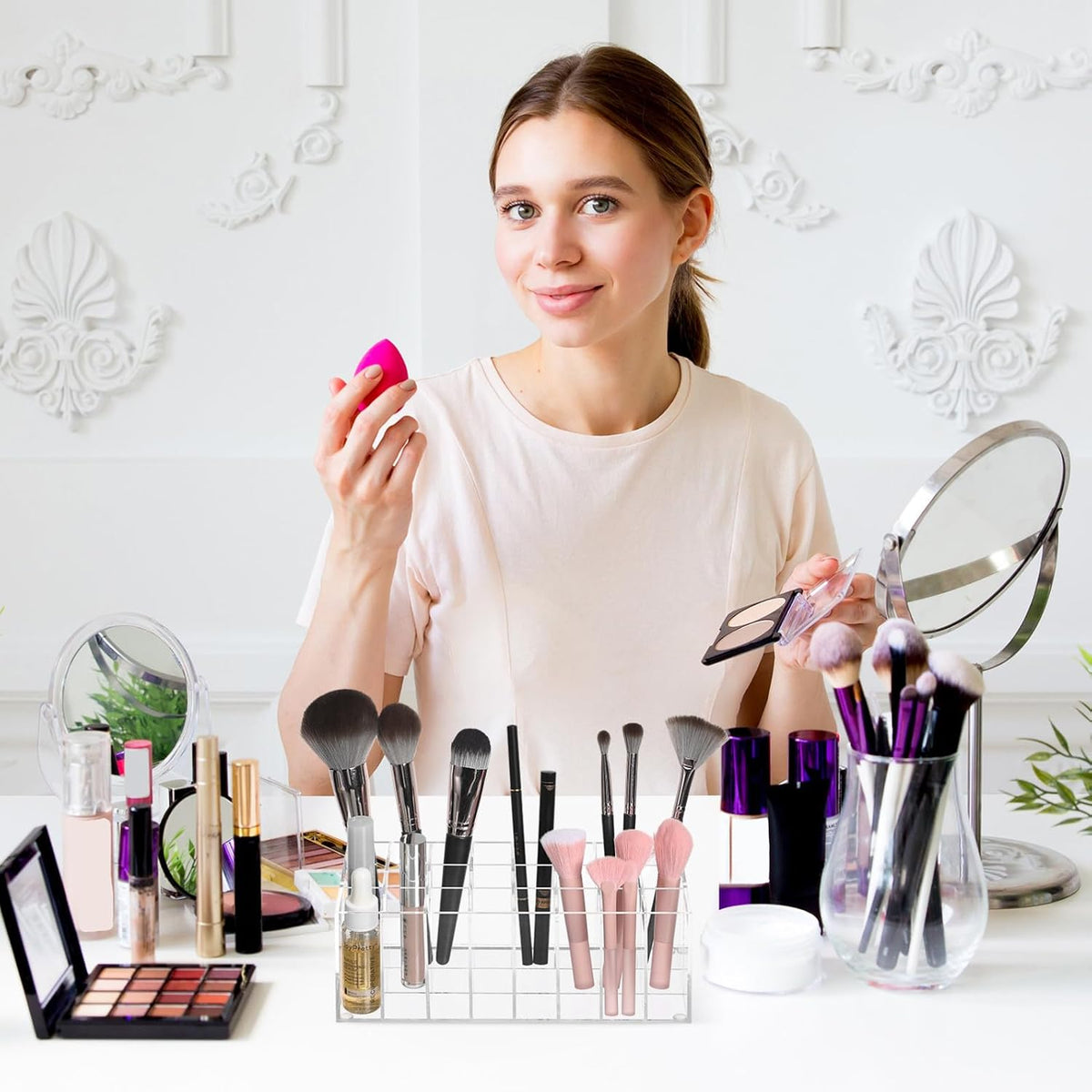 SEWACC Acrylic Lipstick Holder 24 Grids Clear Lipgloss Lipstick Organizer And Storage Display Case for Lip Gloss Tubes Eyebrow Pencil Perfume Sample Mascara