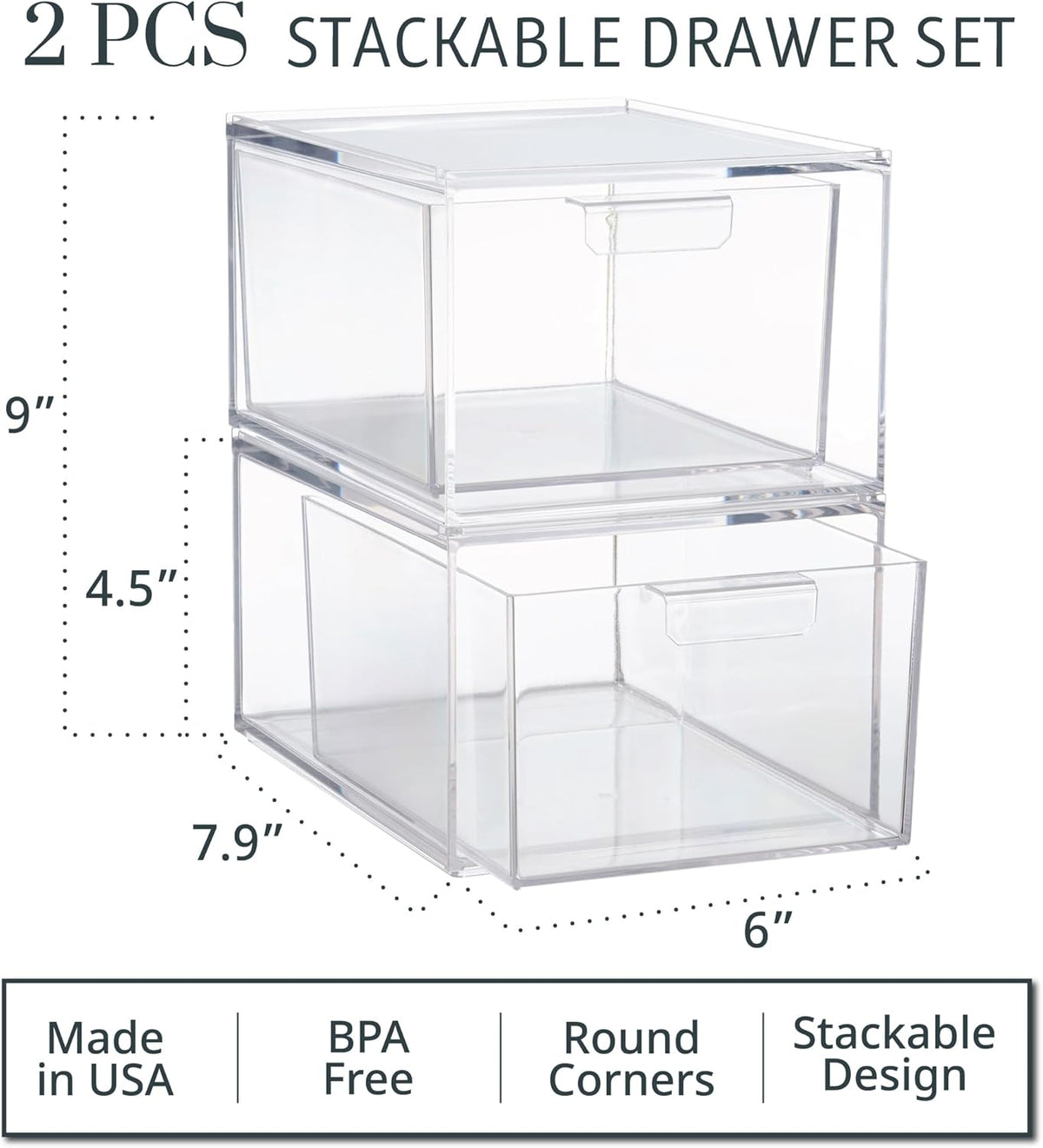 STORi Audrey Stackable Clear Bin Plastic Organizer Drawers | 2 Piece Set | Organize Cosmetics and Beauty Supplies on a Vanity | Made in USA