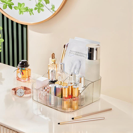 DASITON Large Capacity Makeup Brush Holder,8 Slot Makeup Brush Cup,Vintage striped Make Up Brush Holder,for Vanity Decor,Bathroom Countertops,Desk Storage Container,Cosmetic Display cases(Clear-XL)