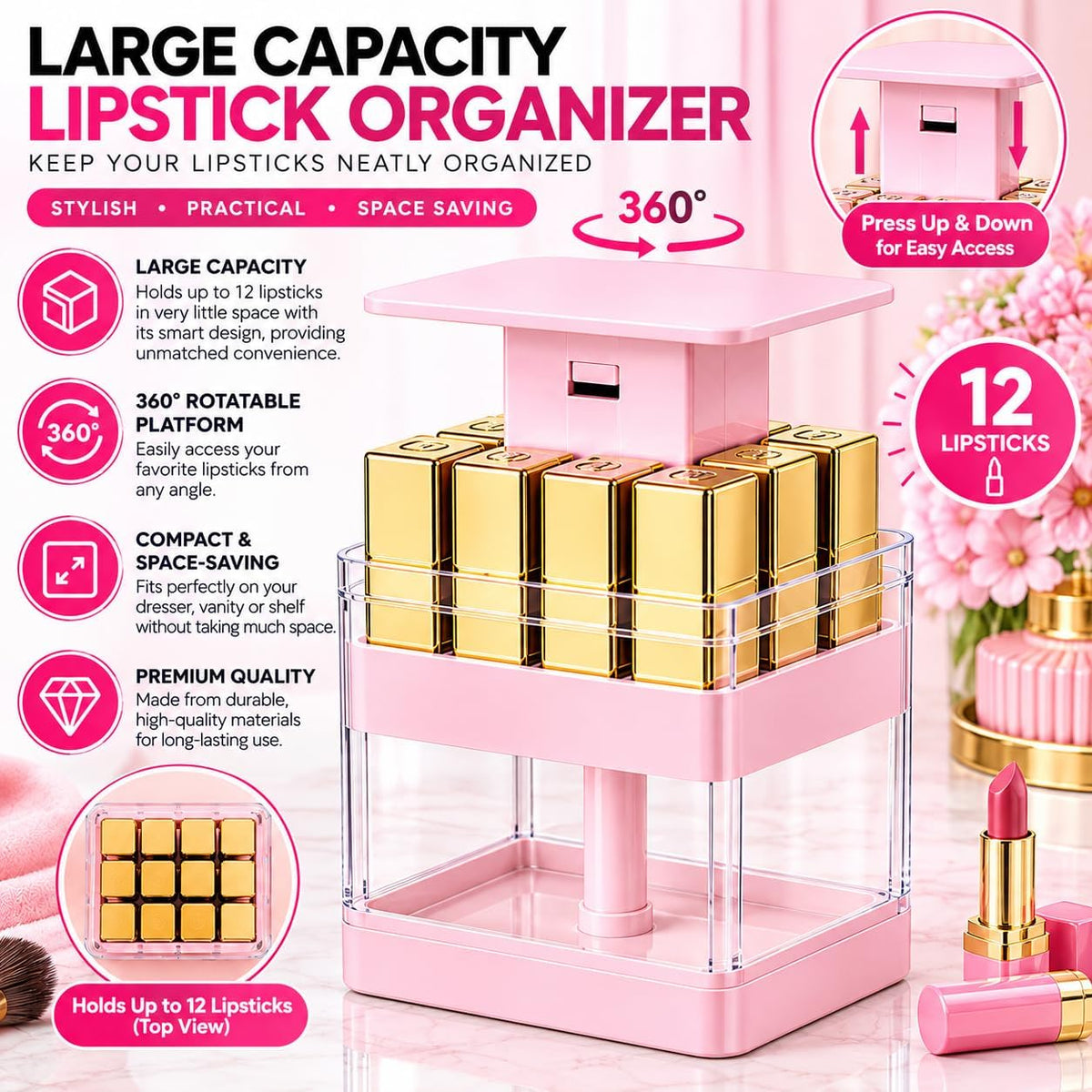 Press up Lipstick Organizer & Holder, Acrylic Lip Gloss Organizer, Pink
