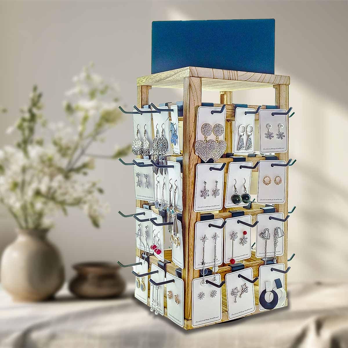 Rotating Jewelry Stand-48 Removable Hooks & Ad Board For Vendor(Brown)