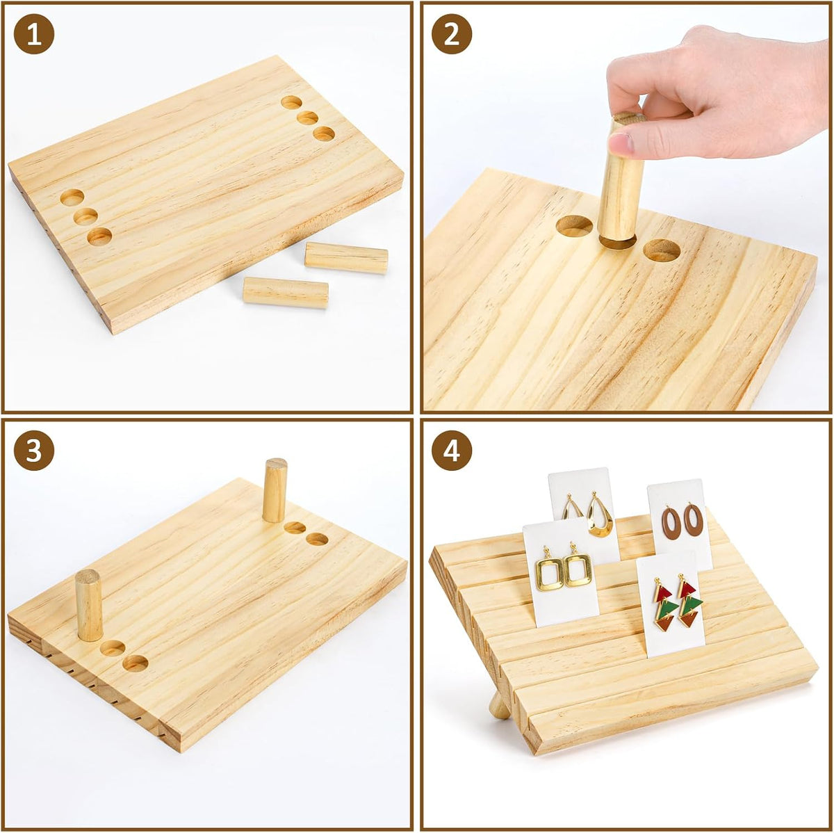 Elsjoy Set of 2 Wood Earring Display Stands with 200 Cards, Countertop Wooden Earring Display Holder for Selling, Adjustable Height