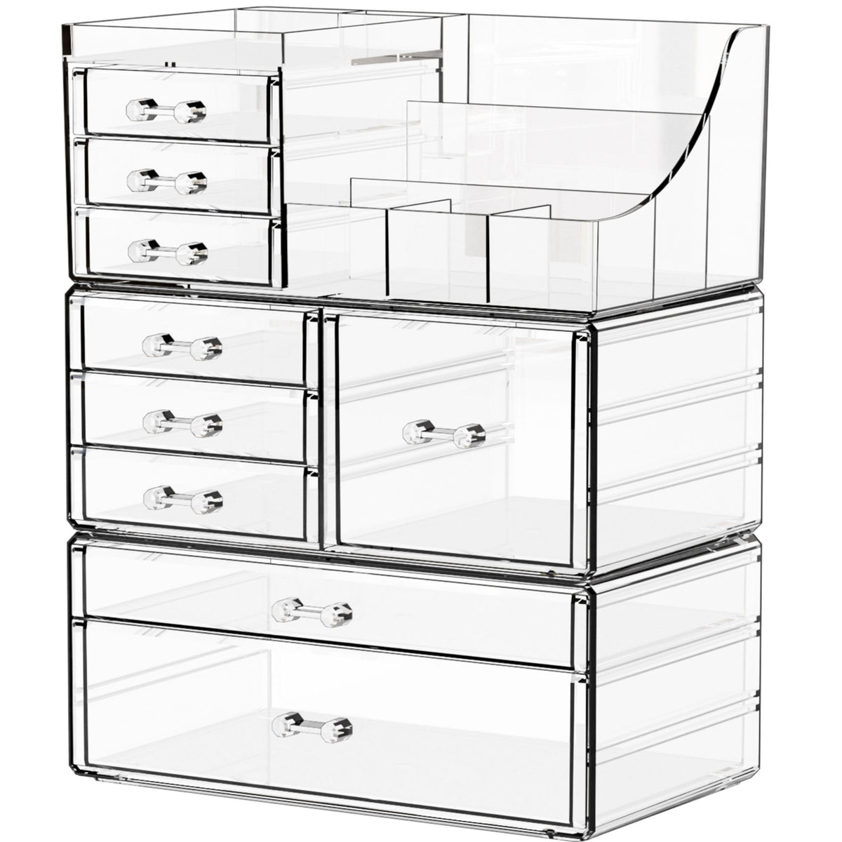 Yieach 3 Pack Clear Makeup Organizer Countertop for Dresser,Vanity and Bathroom Counter Organizer,Tiered Stackable Makeup Acrylic Organizers with 9 Drawer for Skincare,Brush and Make up Holders