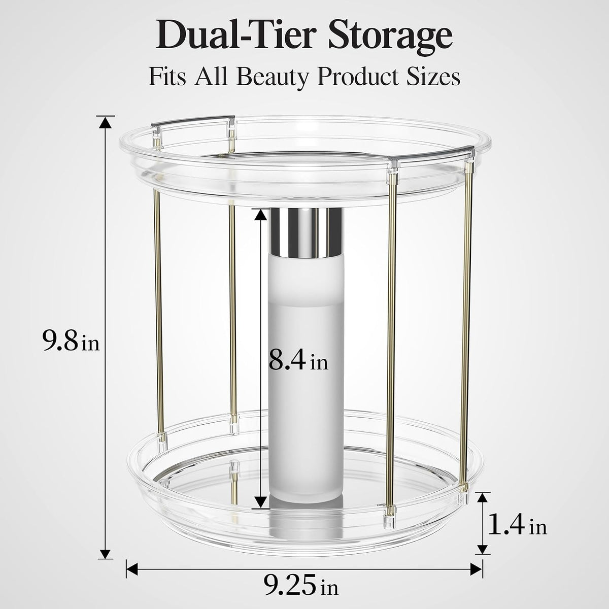 Delamu Rotating Makeup Organizer for Vanity, 2 Tier Bathroom Counter Organizer with Stackable Design, Spinning Skincare Organizer for Bathroom Countertop, Perfume Cosmetic Storage, Clear