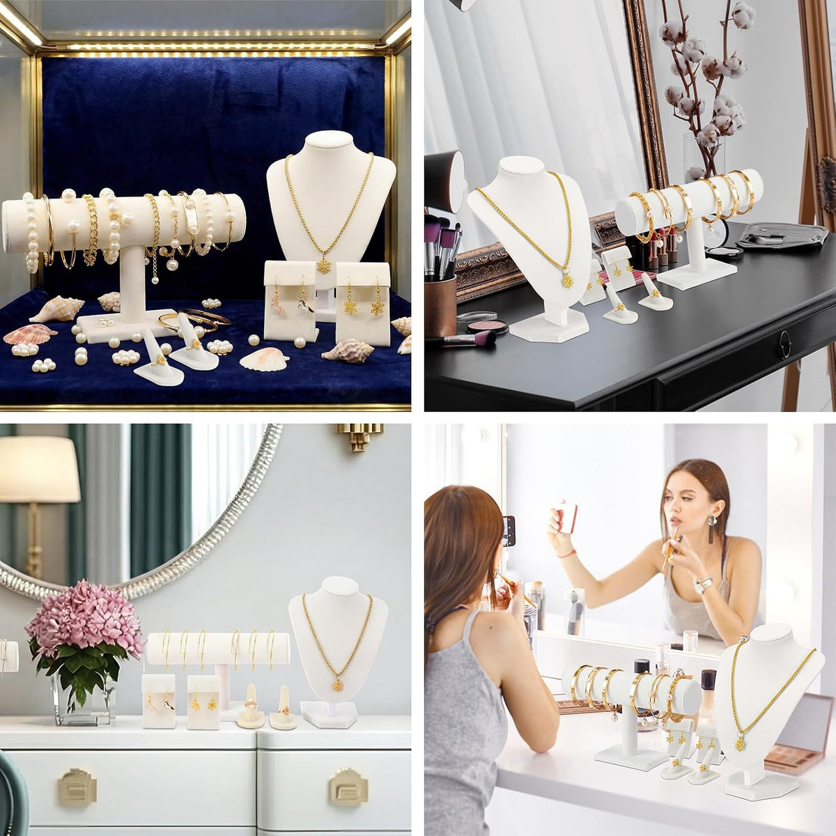 Wenqik Velvet Jewelry Display Set Necklace Mannequin Bust T-Bar Bracelet Holder 2 Earring Stands 2 Ring Holders for Showcase (White)
