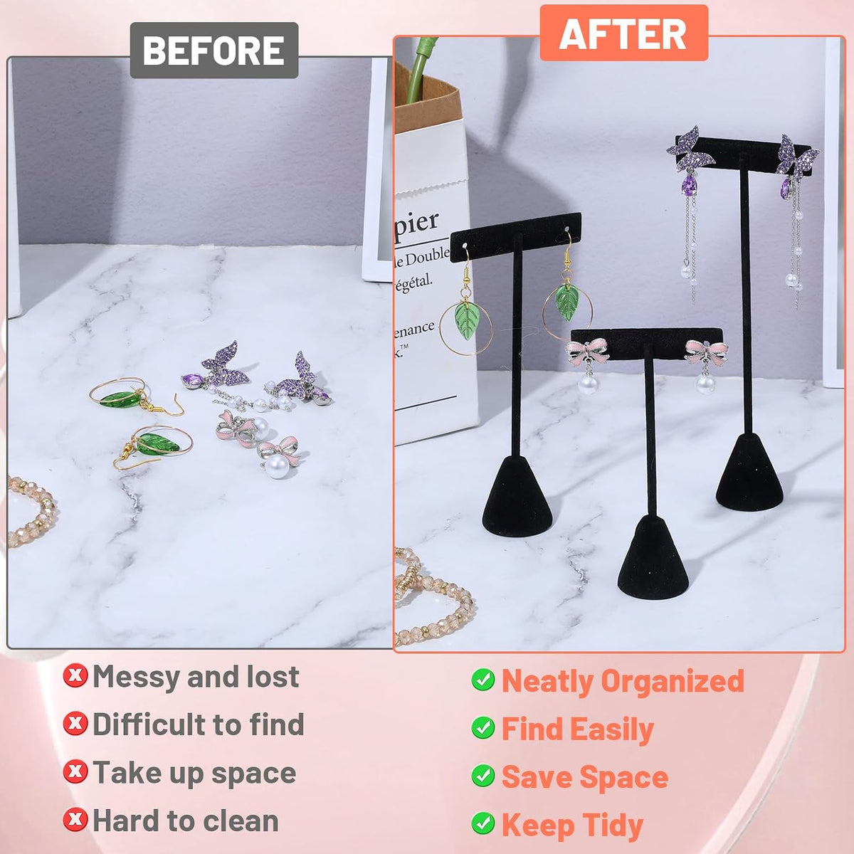 6-Piece Velvet Earring T-Stand Set - 3 Sizes (6.9”, 5.7”, 4.66”) Earrings Holder for Secure Jewelry Display & Organization - Black Earring Display Stands