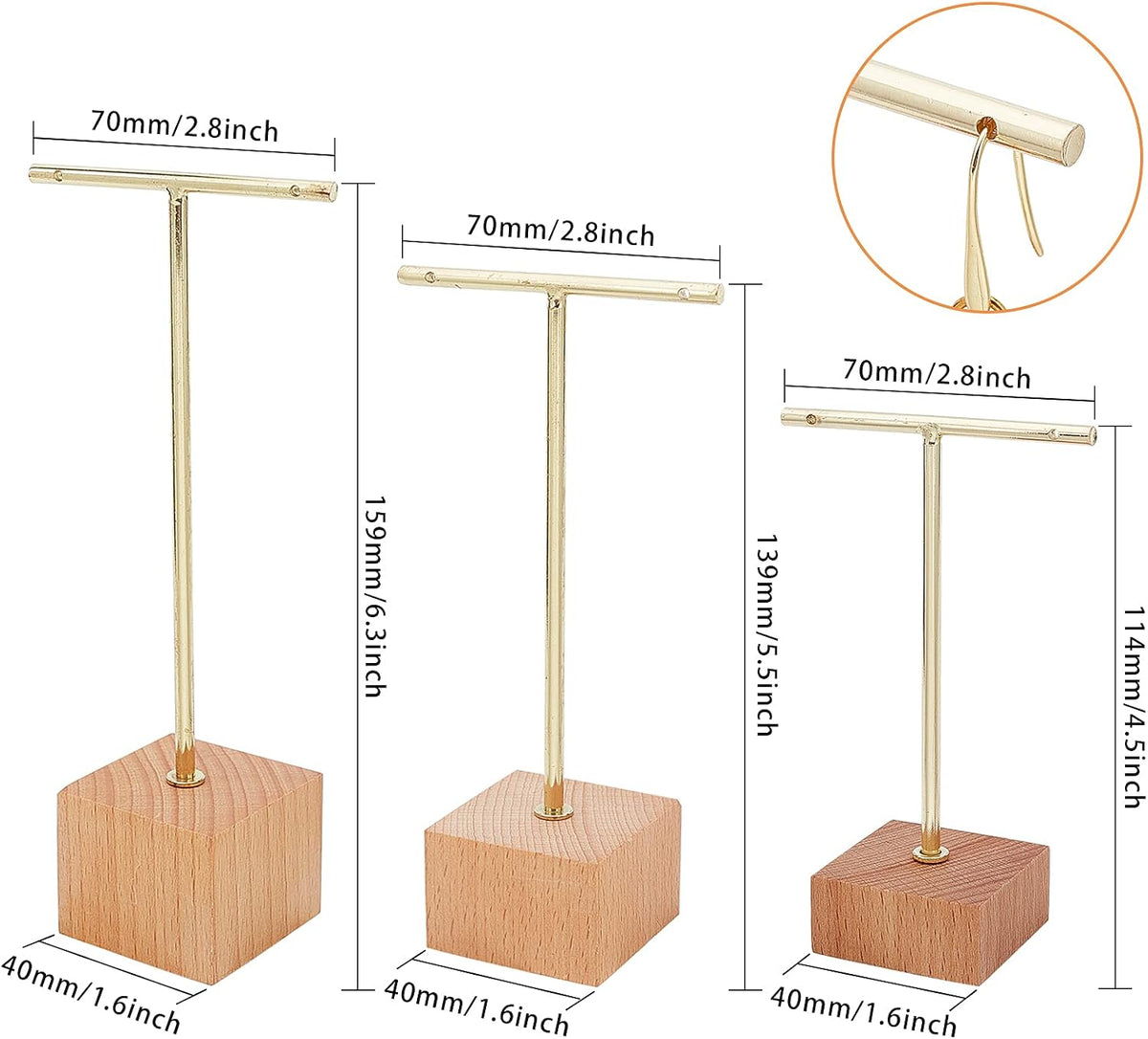 FINGERINSPIRE 3 Pcs Gold Metal T Bar Earring Display Stand 6.3/5.5/4.5 Inch Height Jewelry Stand with Wooden Square Base Earring Hanging Holders Jewelry Organizer for Store Retail Photography Props