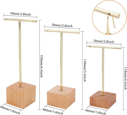 FINGERINSPIRE 3 Pcs Gold Metal T Bar Earring Display Stand 6.3/5.5/4.5 Inch Height Jewelry Stand with Wooden Square Base Earring Hanging Holders Jewelry Organizer for Store Retail Photography Props