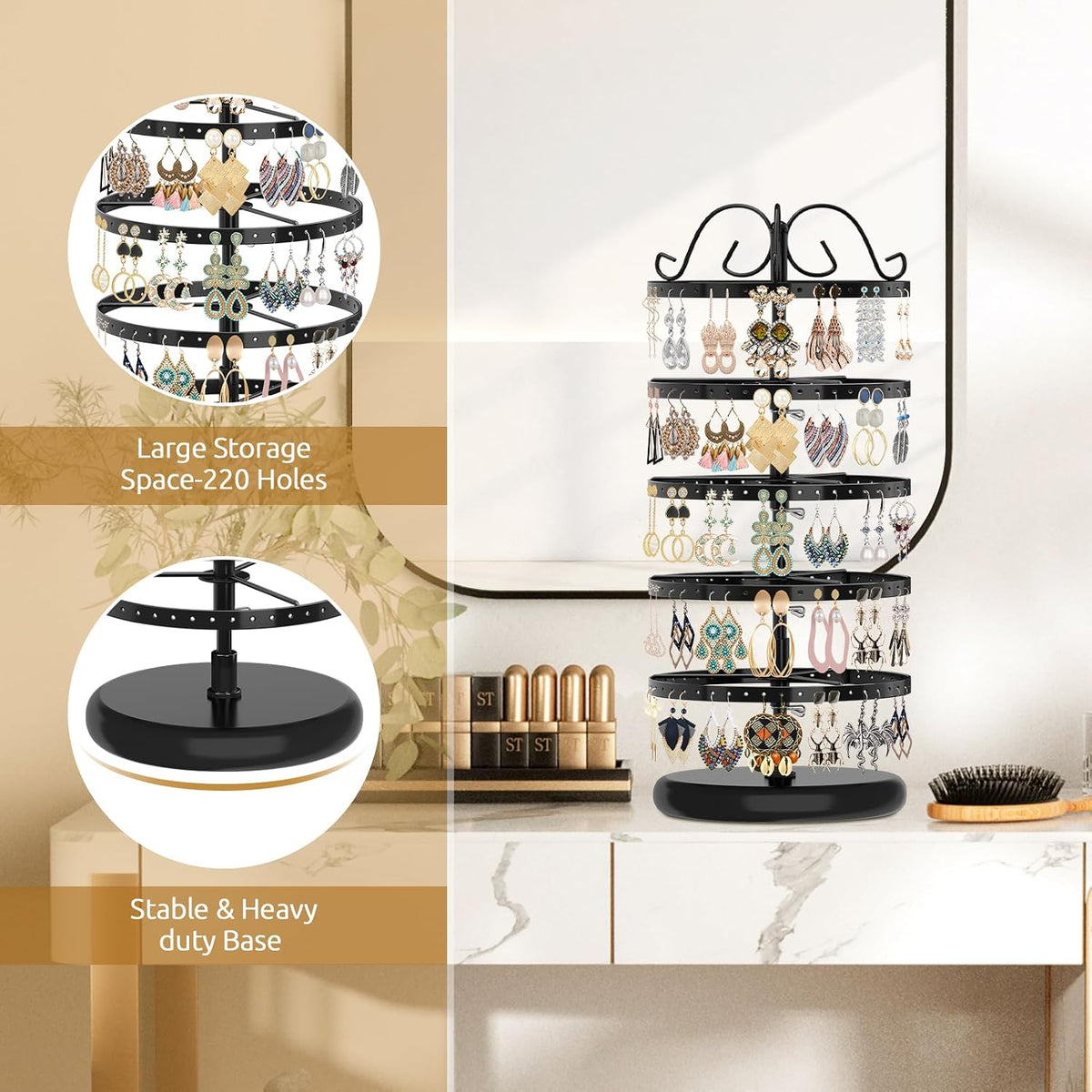 MODOWEY Rotating Earring Holder Organizer Display, 5 Tier Metal Tree, Black