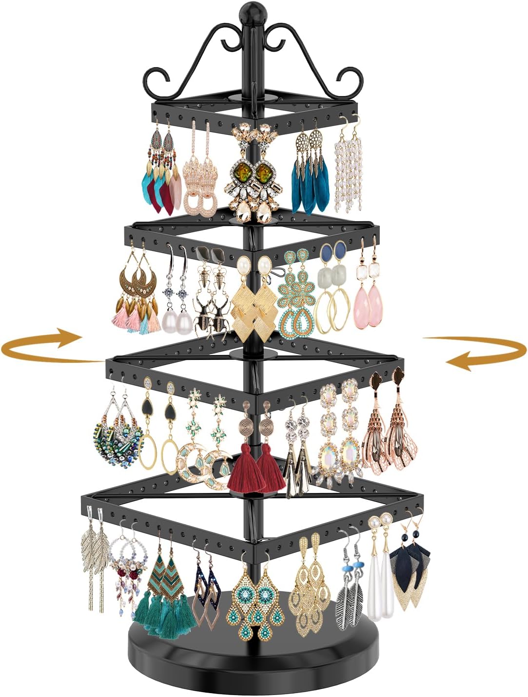 MODOWEY Rotating Earring Holder Organizer Stand Metal Display, 4 Tier Black