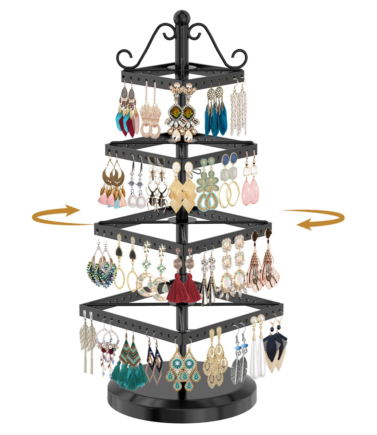 MODOWEY Rotating Earring Holder Organizer Stand Metal Display, 4 Tier Black