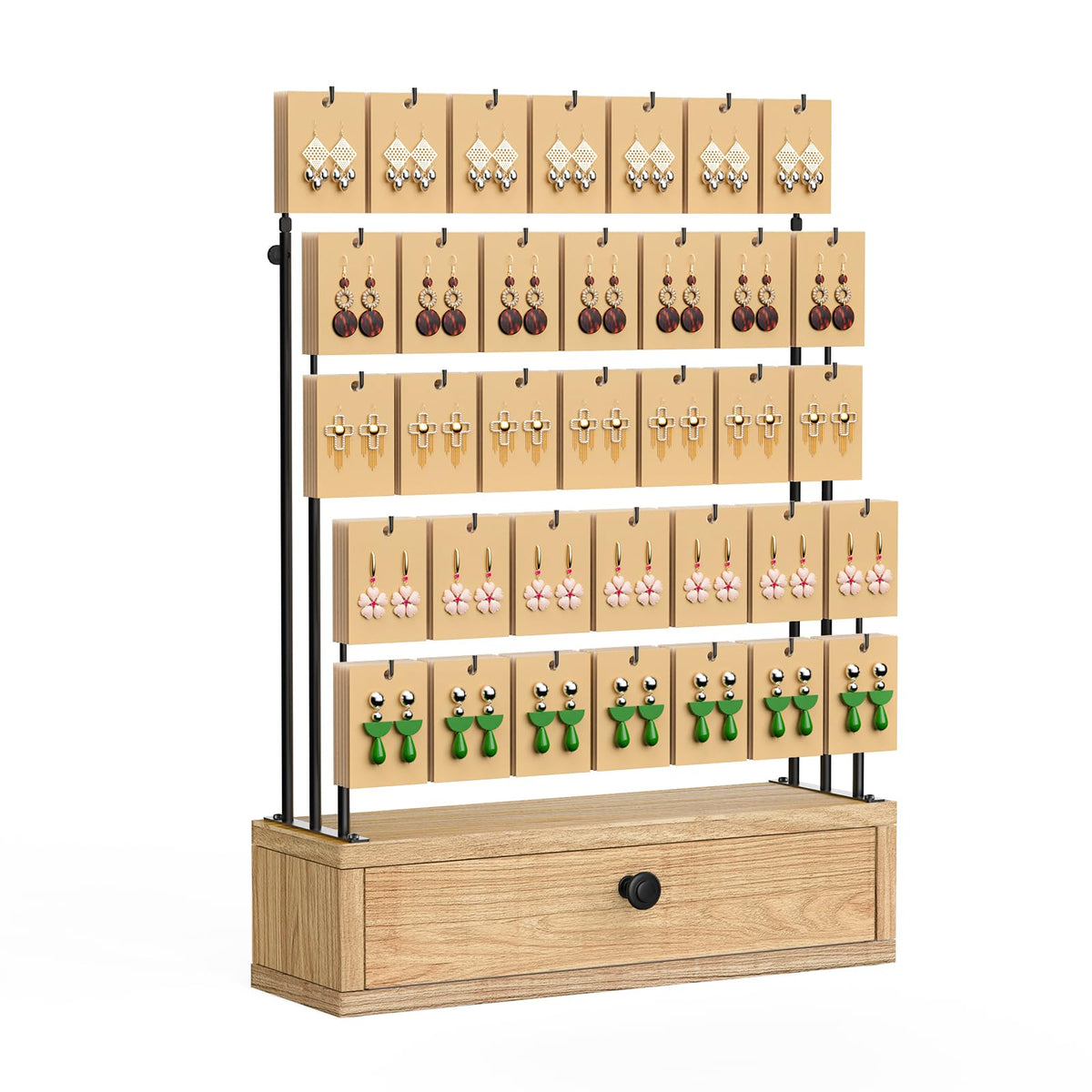ORLESS Jewelry Display for Vendors,35 Hooks Earring Display Stand for Selling, Necklace Display Holder for Selling, Earring Cards Organizer for Bracelets, Rings, Jewelry Towers, Original Wood