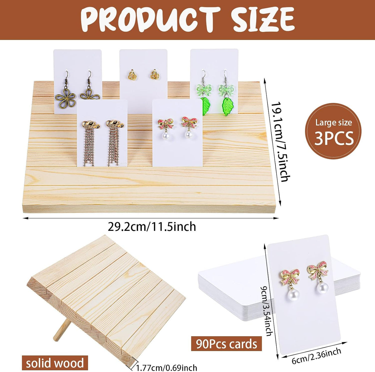 93 Pcs Wood Earring Display Stand Set - 3 Stands with 90 Cards & Support Rods for Jewelry Selling & Photo Display