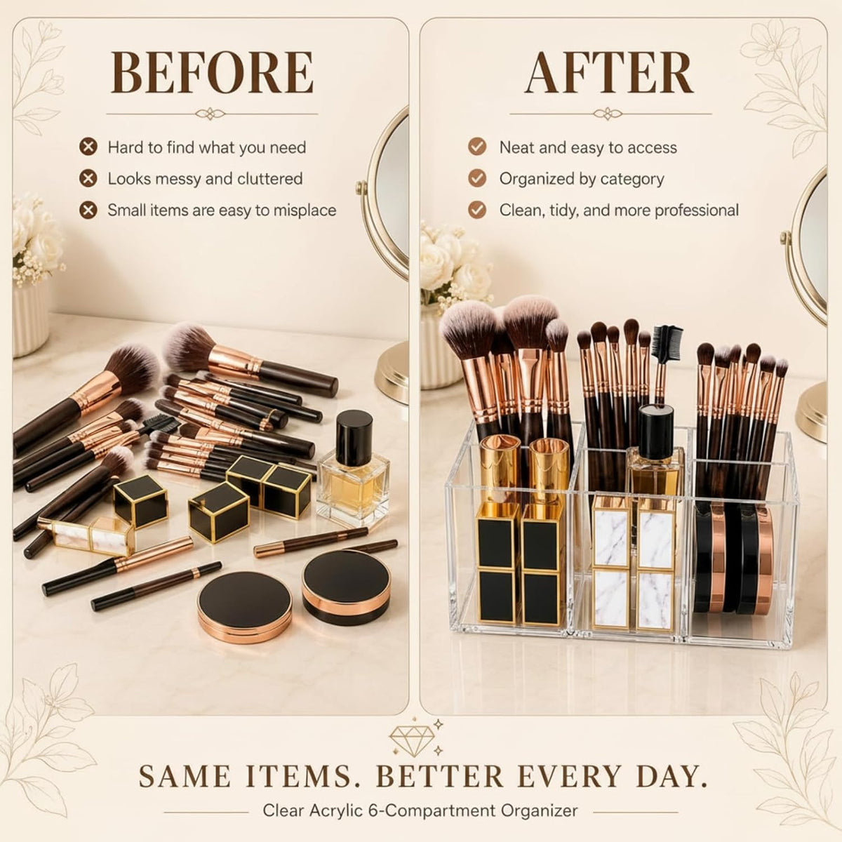 Zhehao 2 Pack Clear Acrylic Desk Organizer, 6-Slot Makeup Brush Holder and Pen Holder, Cosmetic Storage Organizer for Vanity, Bathroom Countertop, Office Desk, Pens, Markers, Lipsticks and Nail Tools