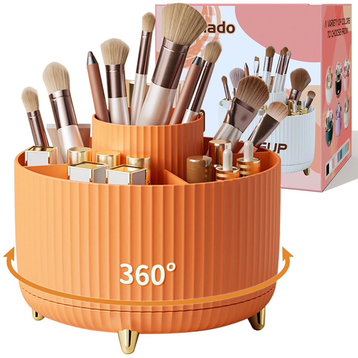 Clear Rotating Makeup Organizer Countertop for Vanity, 360° Makeup Brush Holder Organizer with 5 Compartments, Transparent Cosmetic Storage for Lipstick, Skincare, Bathroom Counter (Transparent Pink)