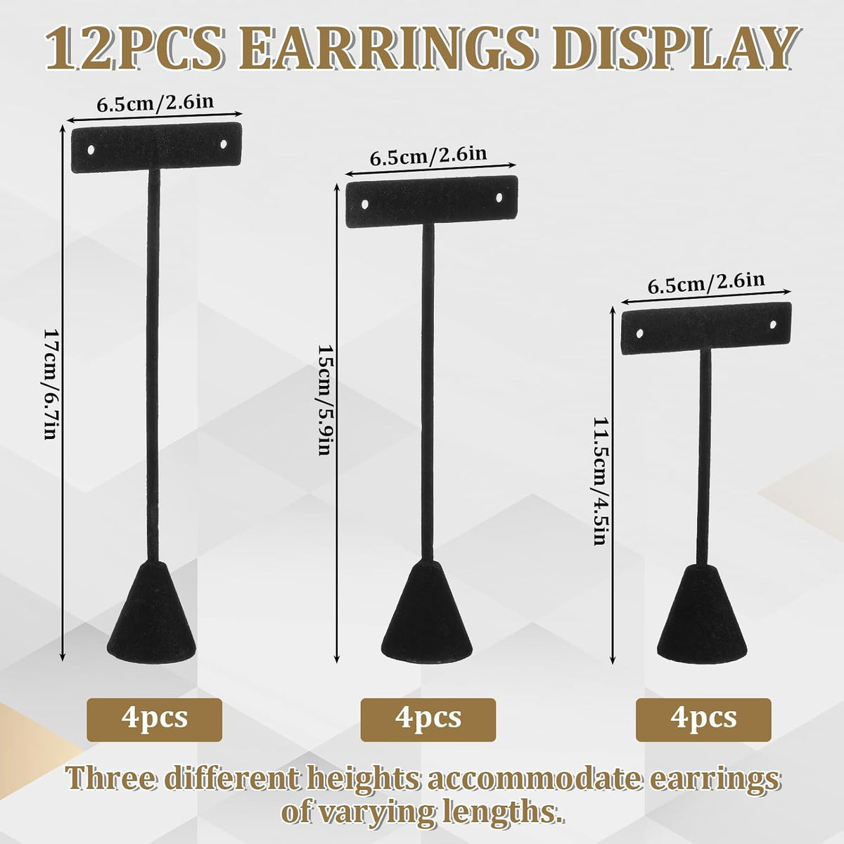 12 Pcs 3 Sizes Earring T Stand Display,Black Velvet Earrings Holder 4.5/6/6.7 Inch Metal Earring Display Storage Rack No Assembly for Jewelry Storage Selling Show