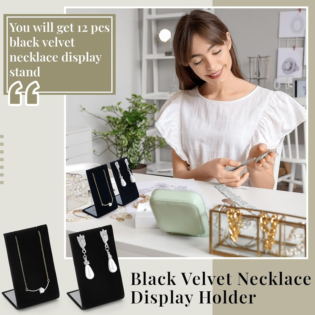 RattanView 12 Pcs Velvet Earring Display Stand Necklace Holder Black Velvet
