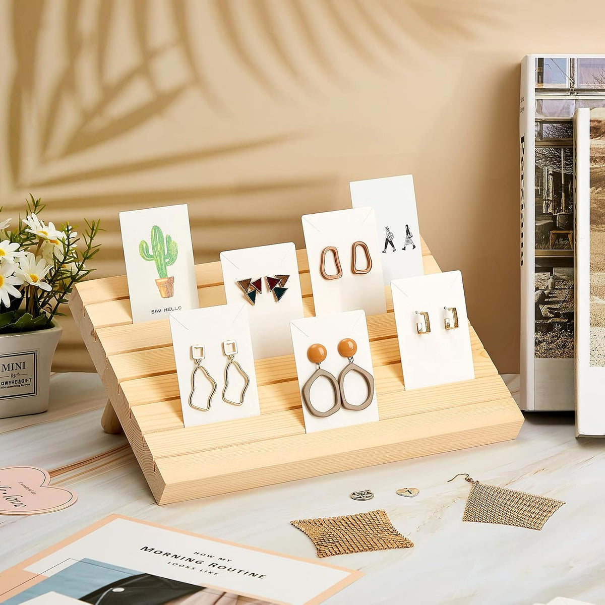 Marsui 124pcs Wood Earring Card Display 4 Set Earring Holder with Card