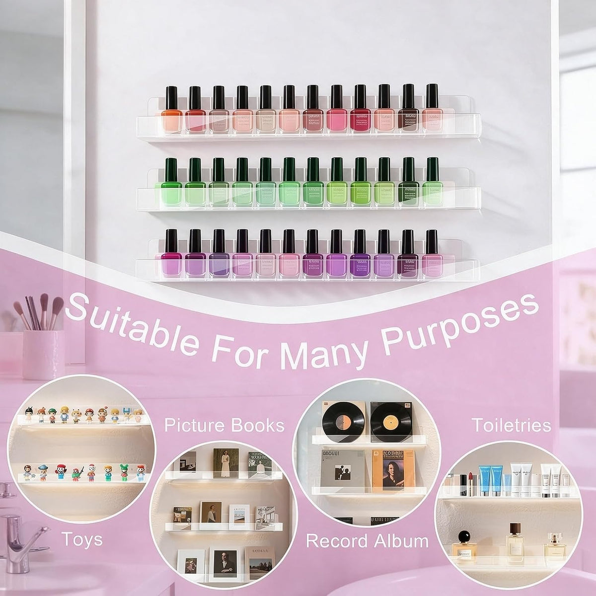 6-Pack Acrylic Nail Polish Wall Rack, 15 Inch Clear Nail Shelves
