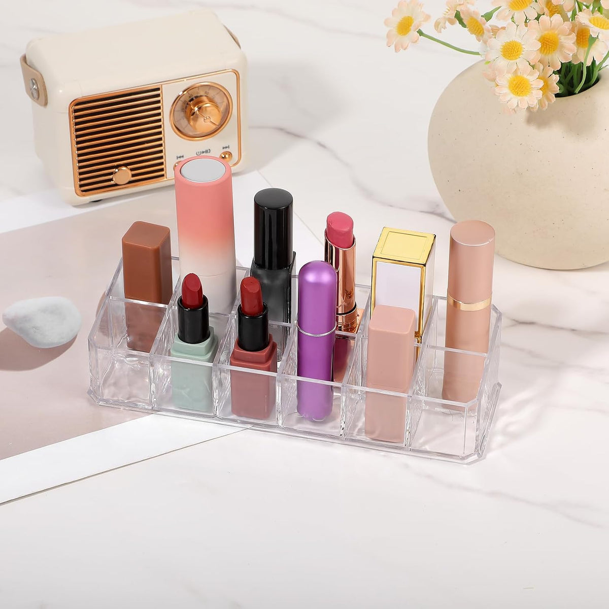4 PCS Acrylic Lipstick Organizer, Lipstick Holder, 12-Slot Lip Gloss Holder, Beauty Makeup Storage Display Cosmetic Organizer