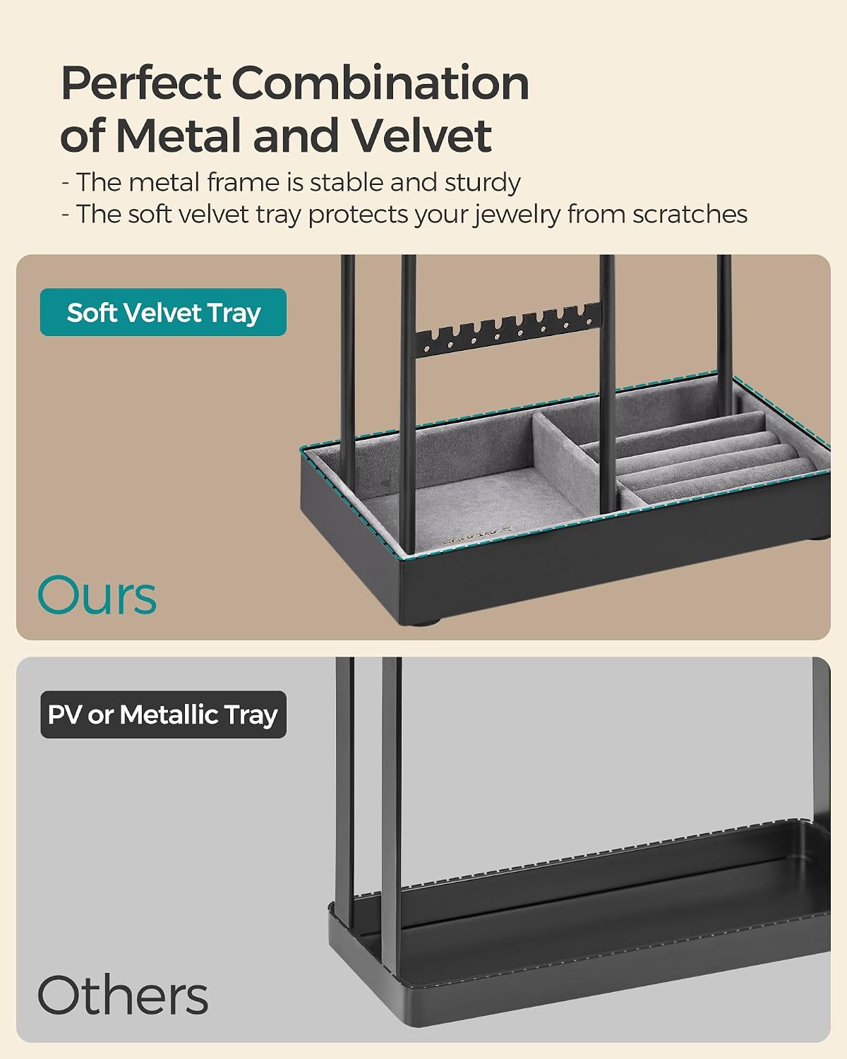 SONGMICS Jewelry Holder, Display Stand, Metal Frame, Velvet Tray