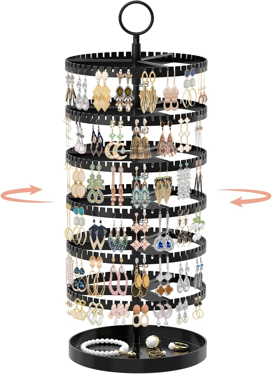 iDavosic.ly 6 Tier Rotating Earring Holder Organizer, Metal Tray, Black