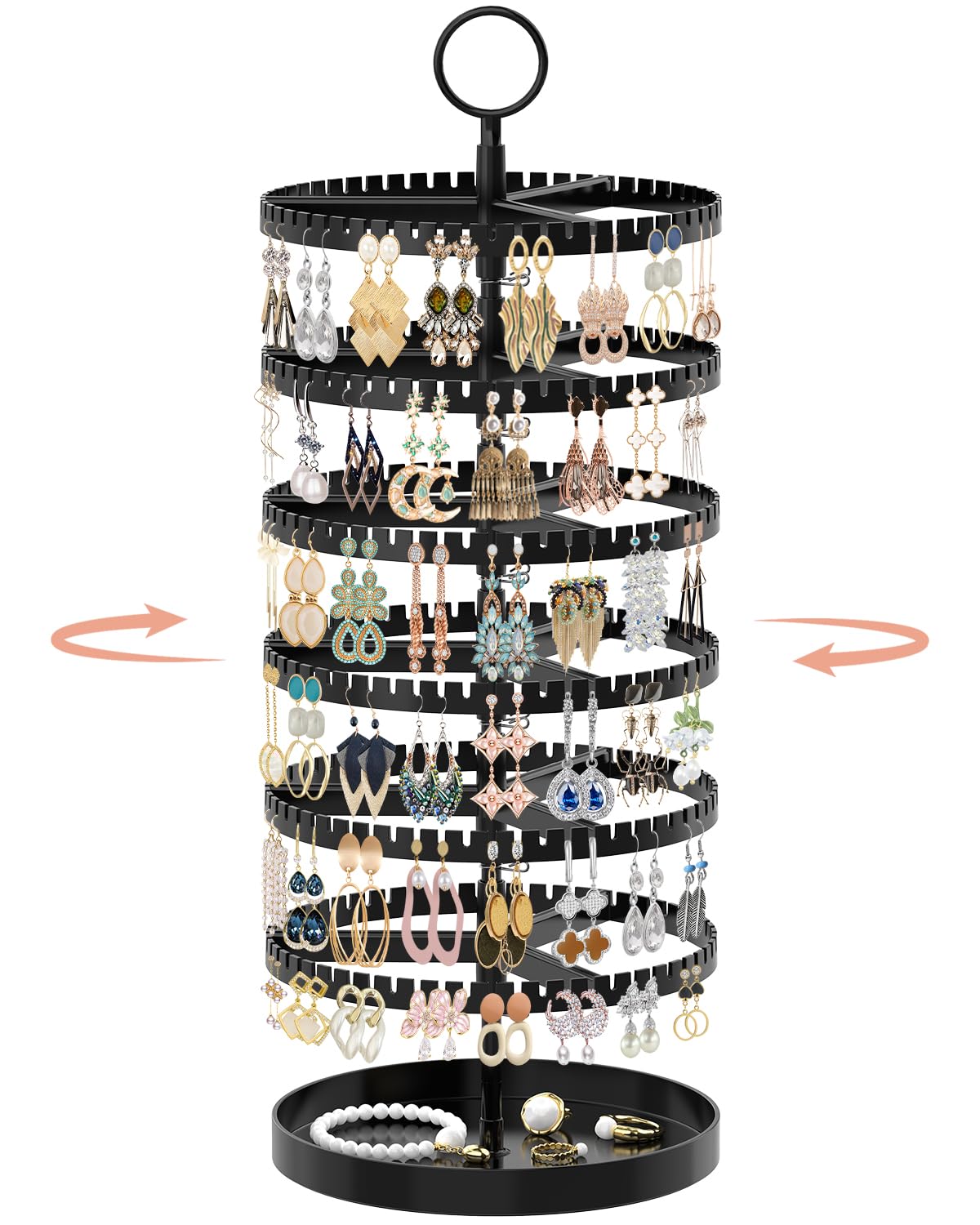 iDavosic.ly 6 Tier Rotating Earring Holder Organizer, Metal Tray, Black