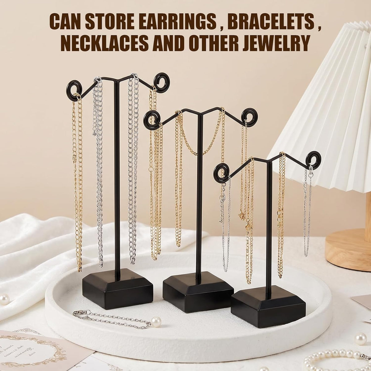 24 Pcs Metal Earring Holder, 3 Heights T-Bar Earring Display Stand with Plastic Base for Hoop & Stud Earrings, Black Jewelry Organizer for Retail Store, Trade Show, Craft Fair, and Home Use