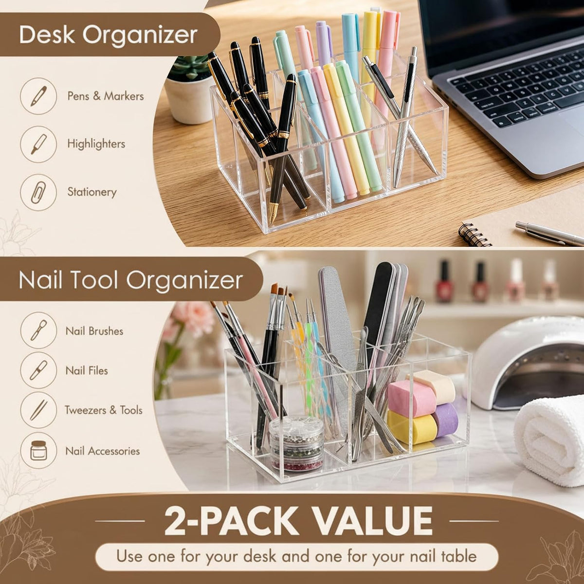 Zhehao 2 Pack Clear Acrylic Desk Organizer, 6-Slot Makeup Brush Holder and Pen Holder, Cosmetic Storage Organizer for Vanity, Bathroom Countertop, Office Desk, Pens, Markers, Lipsticks and Nail Tools