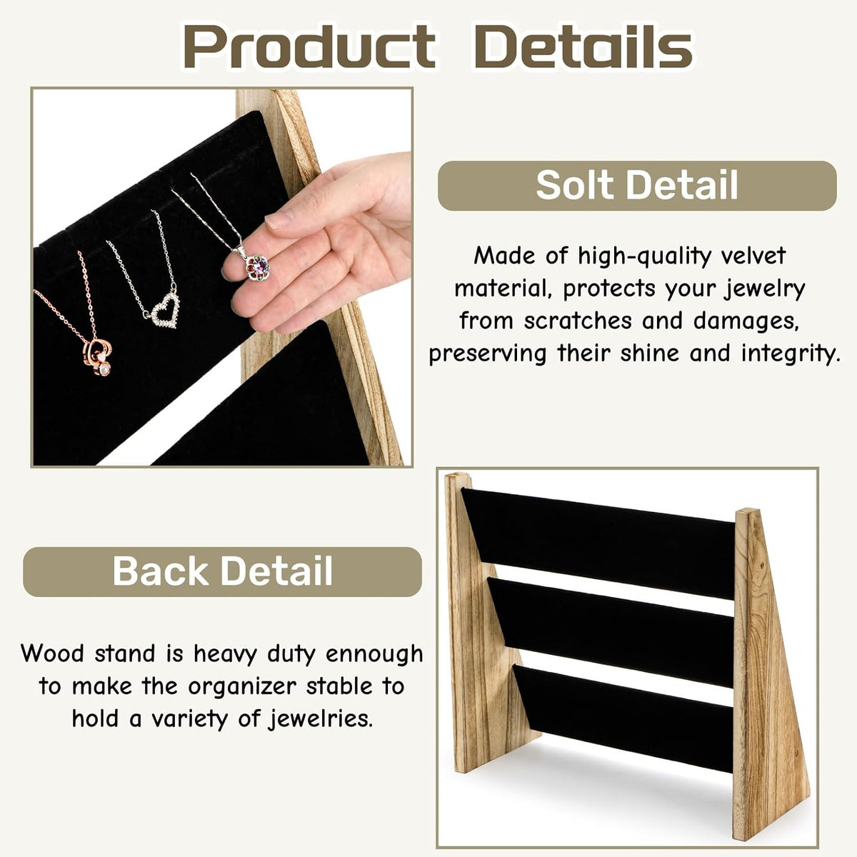 3 Tier Necklace Display Stand, Wood Jewelry Holder with Velvet
