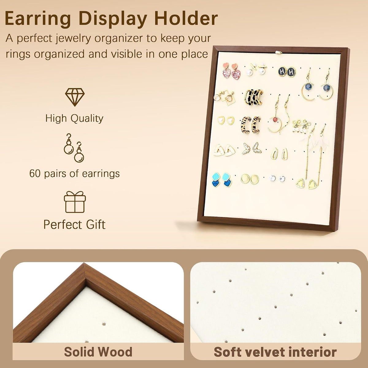Homeanda Ring Display Stand, 60 Hole L-Shaped Velvet Tray Ring Board