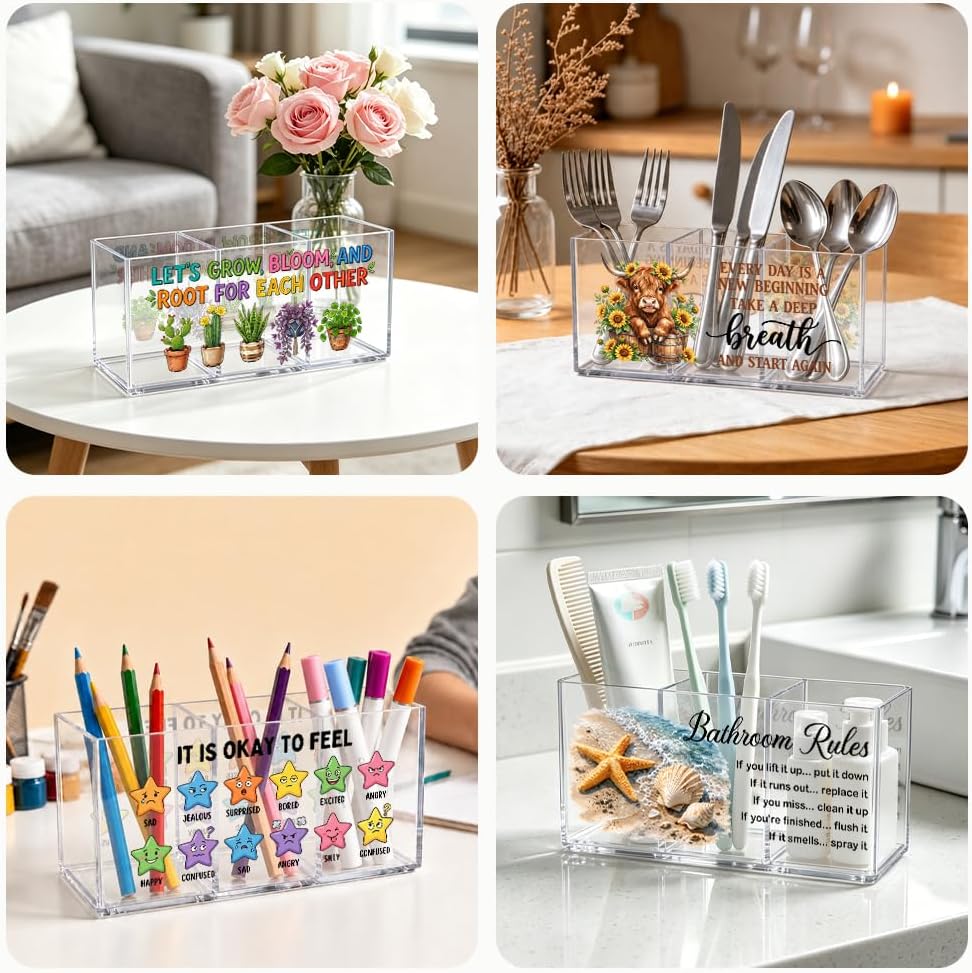 It's Fine 3 Compartment Acrylic Makeup Organizer & Pen Holder, Black Cat Cosmetic Storage Box for Lipstick Brushes Skincare, Desk Organizer for Office School Vanity, Office Gifts for Coworker