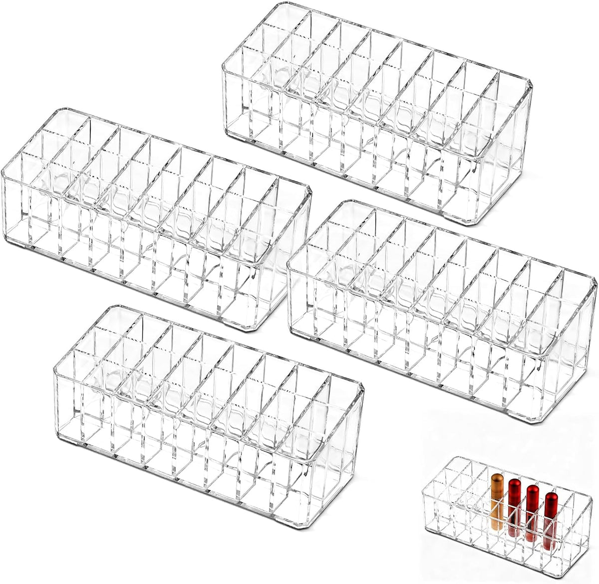 4 Pcs Perfume Organizer, 24 Slots Clear Acrylic Lipstick Organizer, Perfume Storage Holder for Vanity, Makeup Display Case for Lip Gloss Brushes Mascara