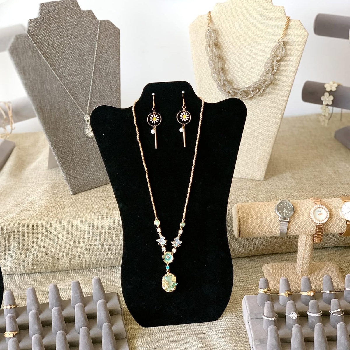 14 Inch Tall Black Velvet Necklace & Earing Display Stands for selling, Foldable Jewelry Display Stands for Shows.(set of 6)
