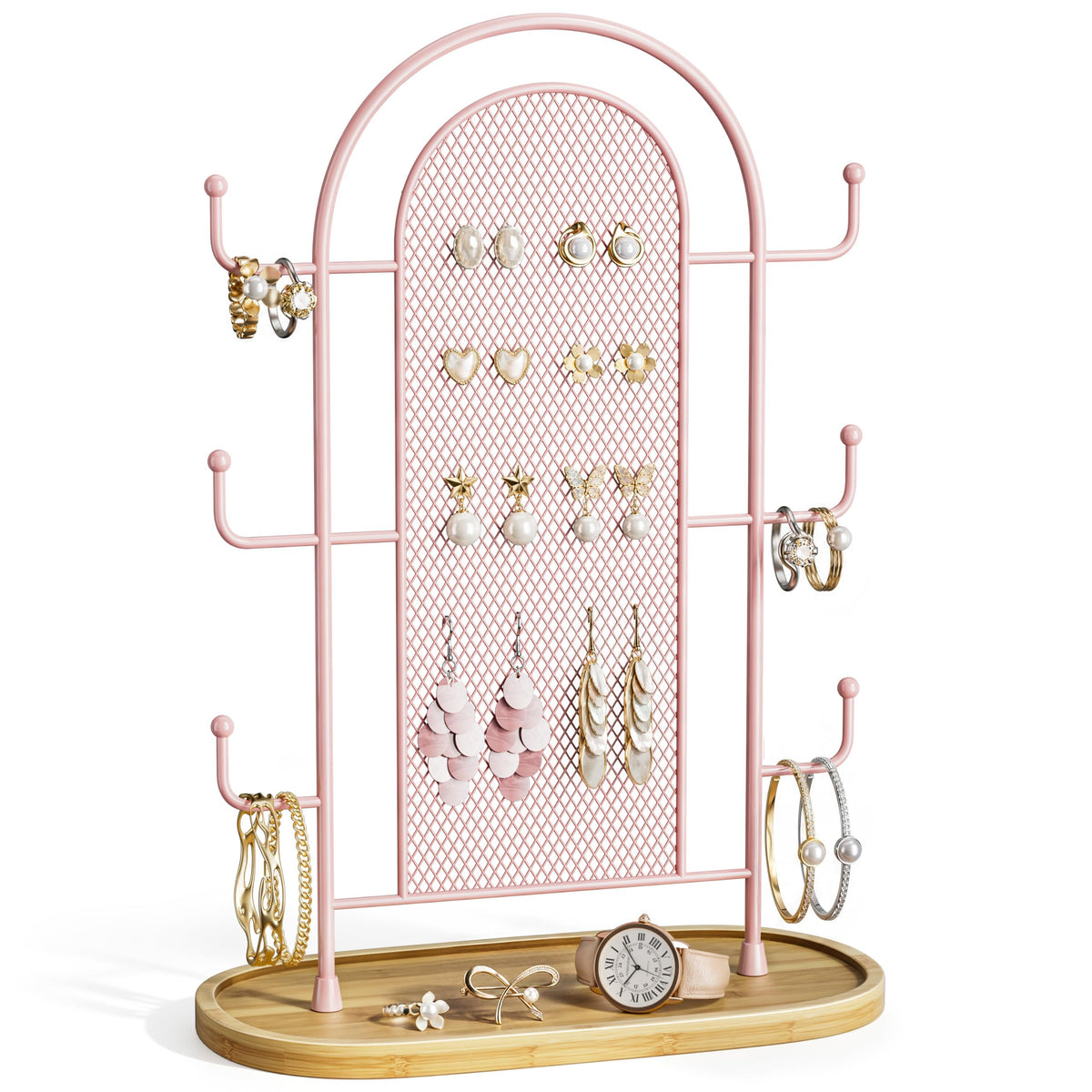 bussdis Jewelry Holder Organizer Earring Display - Earring Storage Tree Stands Towers With 6 Hooks 300 Studs Wood Tray Black Metal Rack