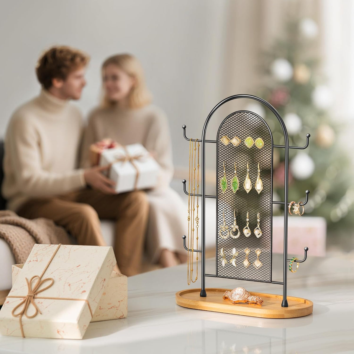 bussdis Jewelry Holder Organizer Earring Display - Earring Storage Tree Stands Towers With 6 Hooks 300 Studs Wood Tray Black Metal Rack