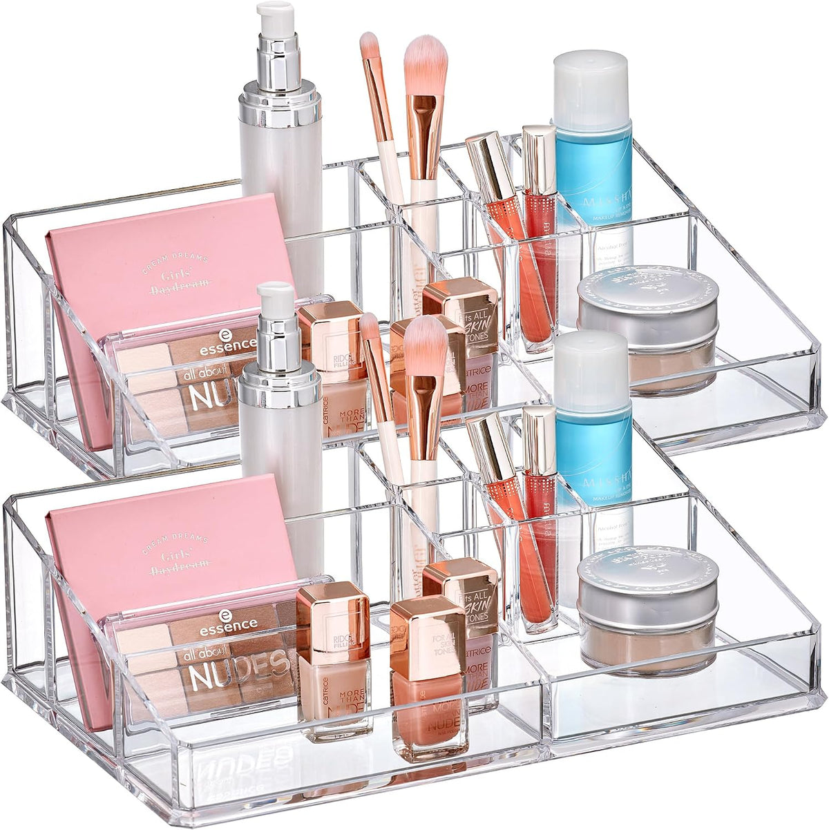 Amazing Abby - Tiffany - Acrylic Cosmetic Organizer (2-Pack), Transparent Plastic Makeup Holder, Compartmented, Shatter-Proof, Perfect Bathroom Vanity Storage Solution for Beauty Supply, Large
