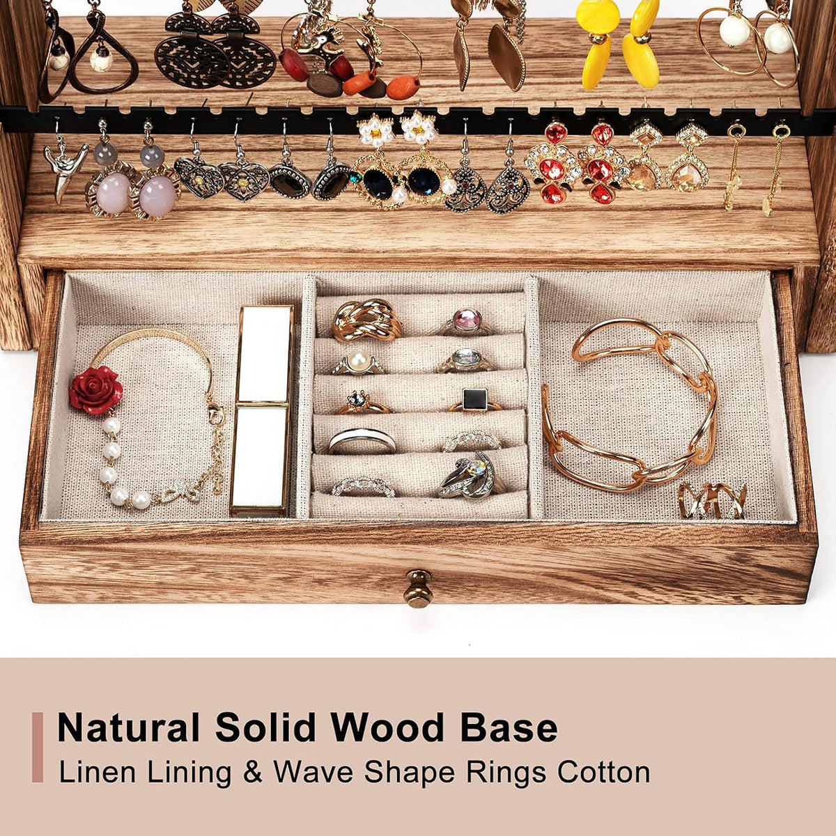 Pinzoveco Earring Organizer, 5 Layer Earring Holder Organizer with Necklace Holder Pole, Rustic Wood Jewelry Organizer Stand Display for Stud Earring Bracelet Necklace Ring, 175 Earring Holes