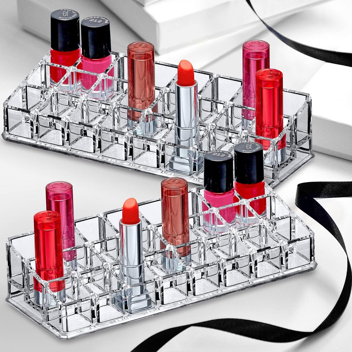Amazing Abby - Glamour - 2-Pack 24-Slot Acrylic Lipstick Organizer, Lipstick Holder, Lip Gloss Holder, Cosmetic Storage Display, Perfect Storage Solution for Drawer and Vanity (Slot Size: 0.9" x 0.9")