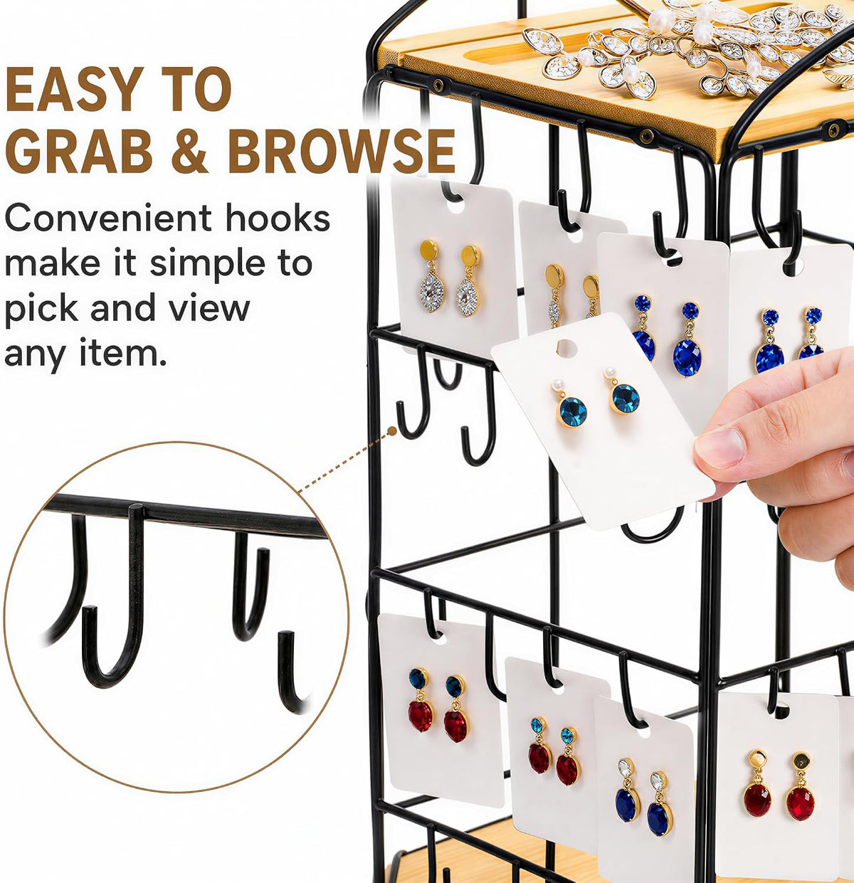 Rotating Earring Display Stand for Vendors, 48 Hooks Hexagon Bamboo Jewelry Holder, Large Capacity Jewelry Storage Showing Rack for Selling, Store, Home, Necklace Bracelet Keychain, 3 Tiers