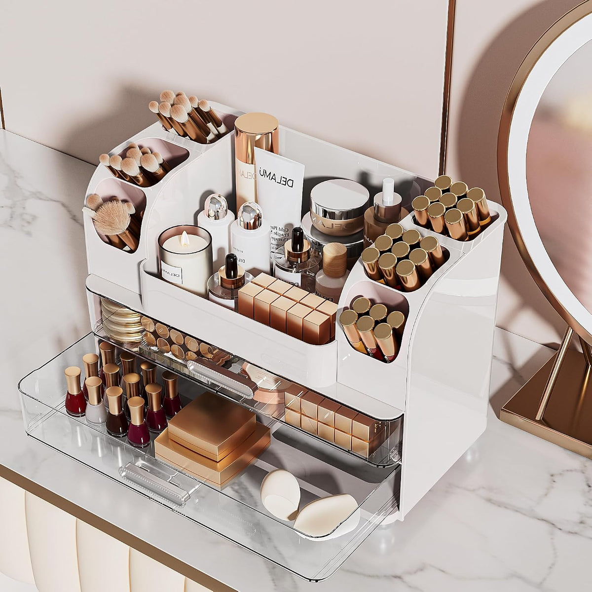 Delamu Large Makeup Organizer Countertop with 6 Brush Holders, White