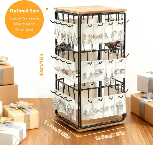 Rotating Earring Display Holder Stand for Vendors Events Selling, Large Capacity 48 Hooks Jewelry Rack with Wooden Base for Earring Card Sales, Enhances Retail Visibility